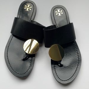 Tory Burch Patos Disk black and gold sandal 9
